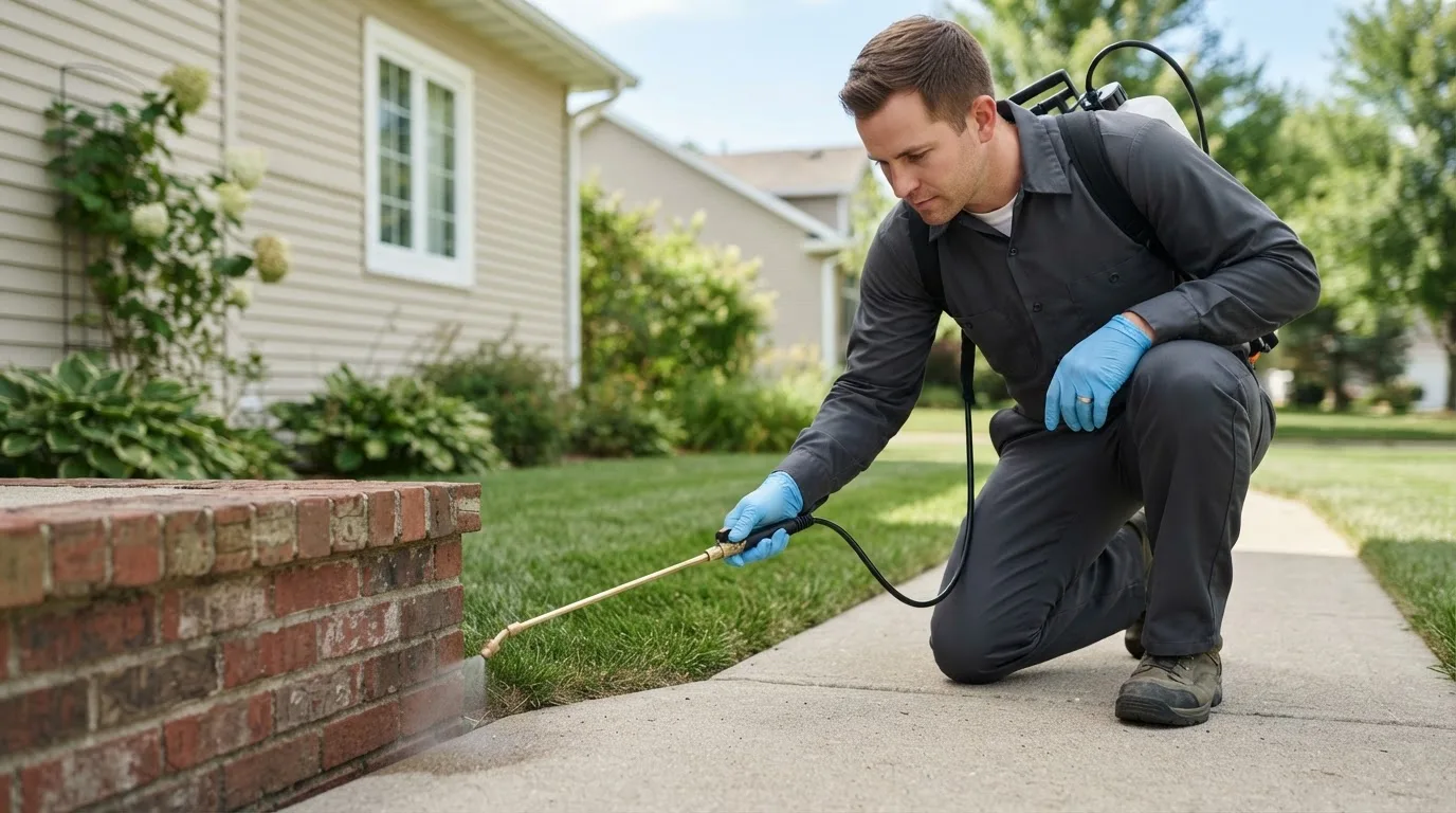 Pest control technician treating a home near Vernon, VT